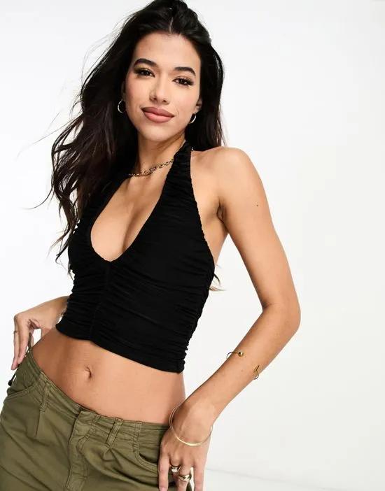 double layer slinky ruched halter top in black