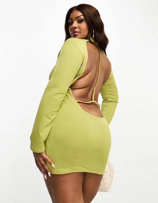 double layered slinky back detail mini dress in palm green