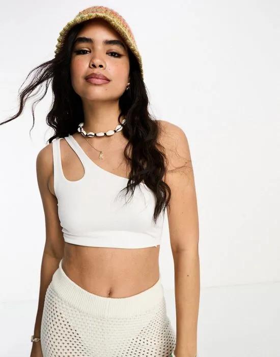 double strap one shoulder crop top in white