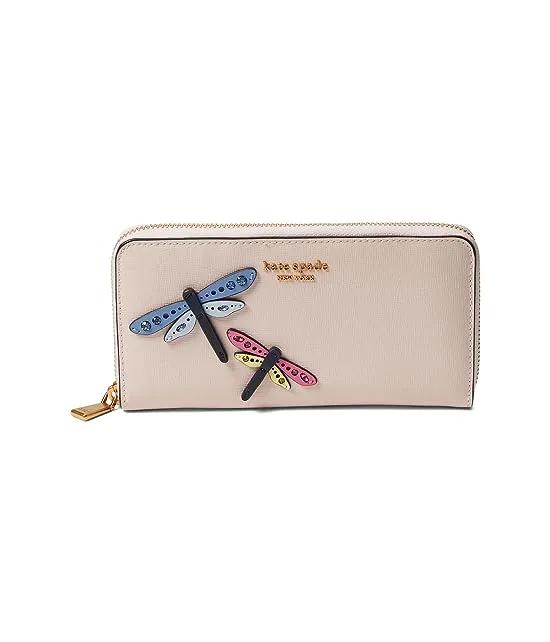 Dragonfly Novelty Embellished Saffiano Leather Zip Around Continental Wallet