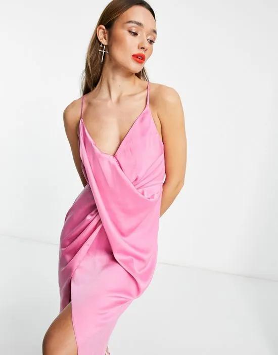 drape detail satin midi dress with strappy back in pink