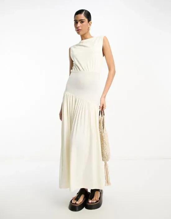drape midi dress with asymmetric waist band in cream