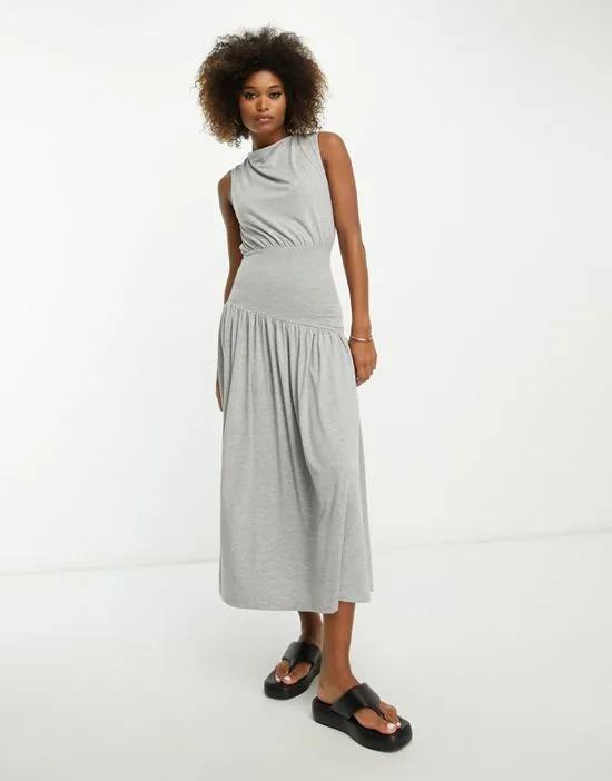 drape midi dress with asymmetric waistband in gray heather