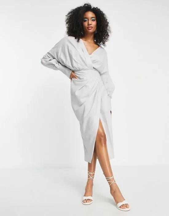 drape midi dress with wrap bodice and skirt in pebble gray