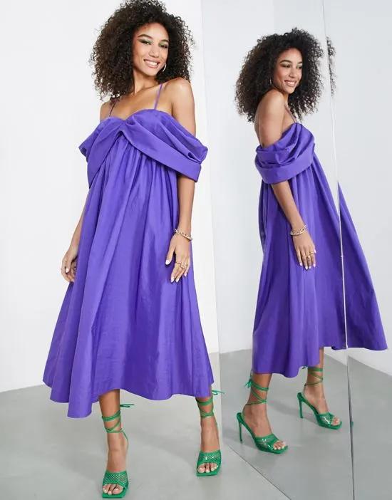 drape off-shoulder cami midi dress in purple