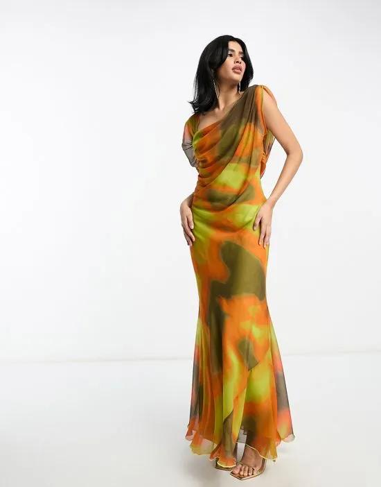 drape one shoulder maxi dress in yellow blurred abstract print