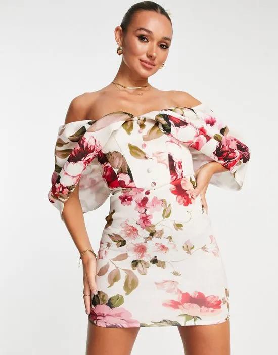 drape sleeve corset mini dress in pink floral