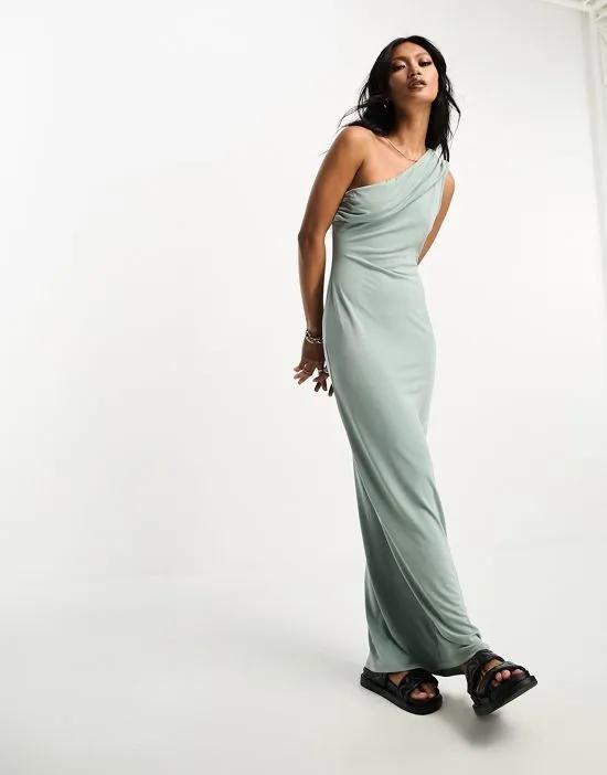 draped one-shoulder maxi dress in sage