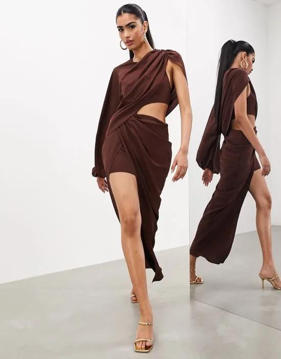 draped one sleeve maxi dress in chocolate brown