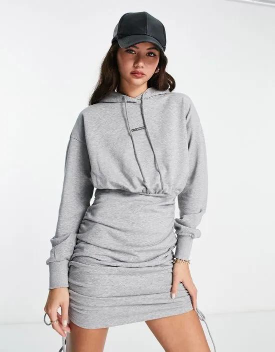 drawstring midi hoodie sweatshirt dress with ruched side detail in light gray