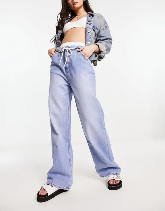drawstring waist baggy jeans in mid blue