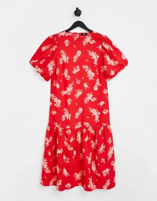 dropped hem dress in red floral