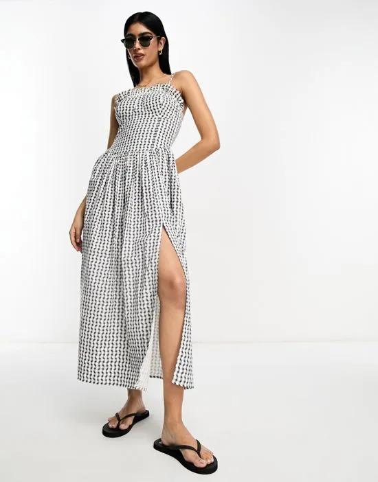 dropped waist cupped detail midi sundress with wavy gray gingham