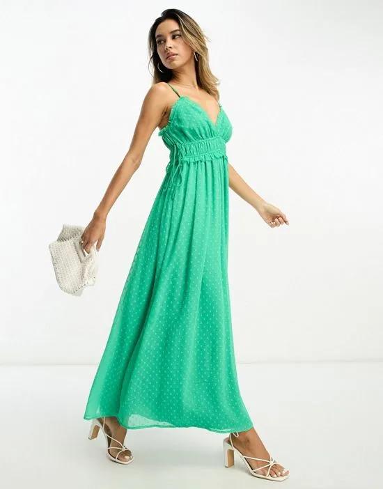 elasticated frill waist midi slip dress in bright green texture