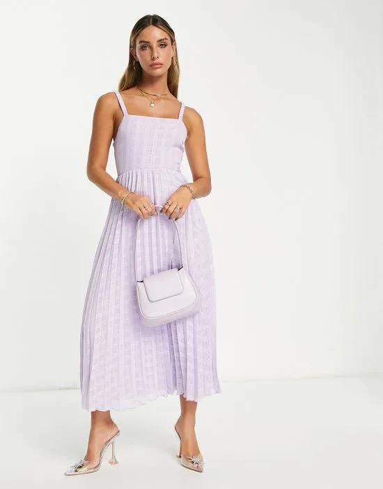 elasticated tie back pleated midi dress in lilac
