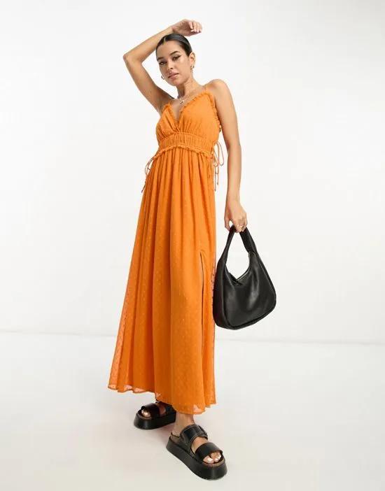 elasticized ruffle waist midi slip dress in orange texture