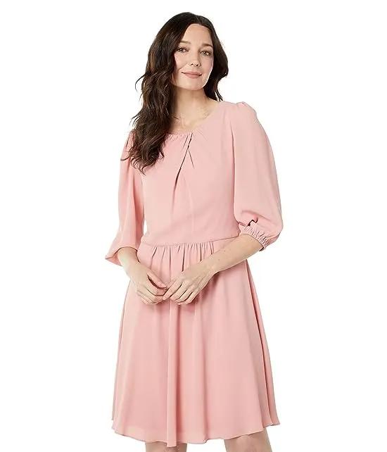 Elbow Sleeve Pleat Neck Fit-and-Flare