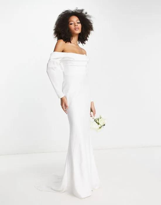Elodie long sleeve satin drape bardot wedding dress in ivory