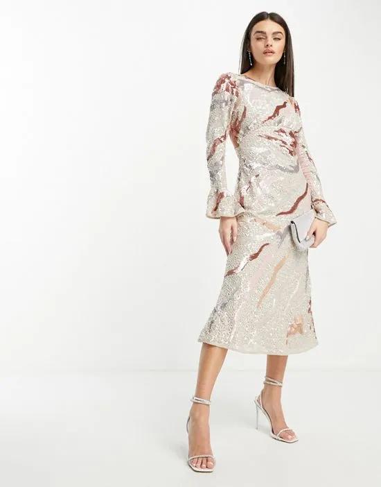 embellished all over sequin midi dress with flared sleeves in neutral wave print
