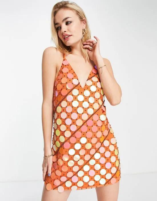 embellished cami mini dress with disc sequin detail in orange