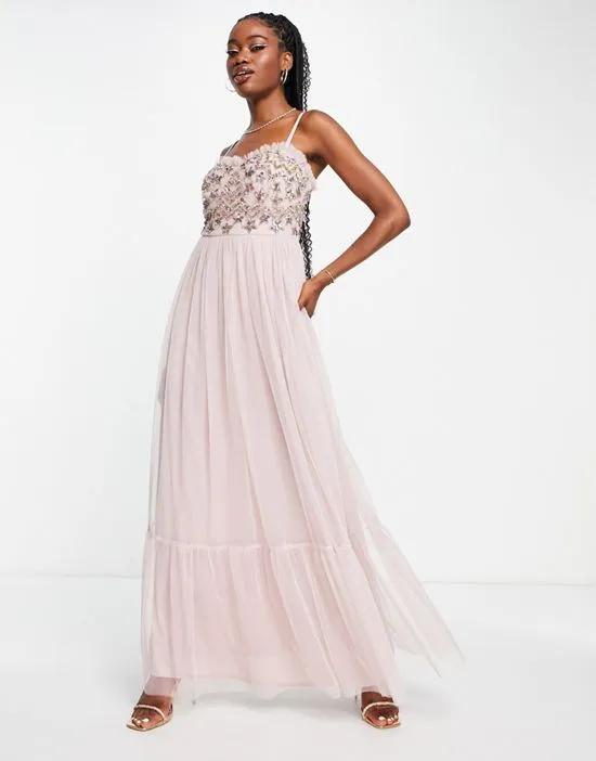 embellished corset tulle maxi dress in blush