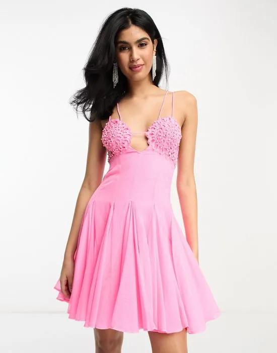embellished crochet cut out mini skater dress with flare in bright pink