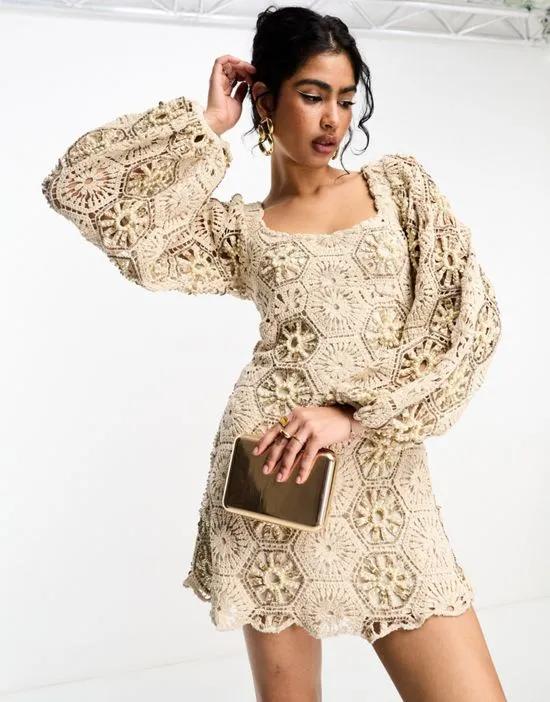embellished crochet milkmaid mini dress with blouson sleeve in stone