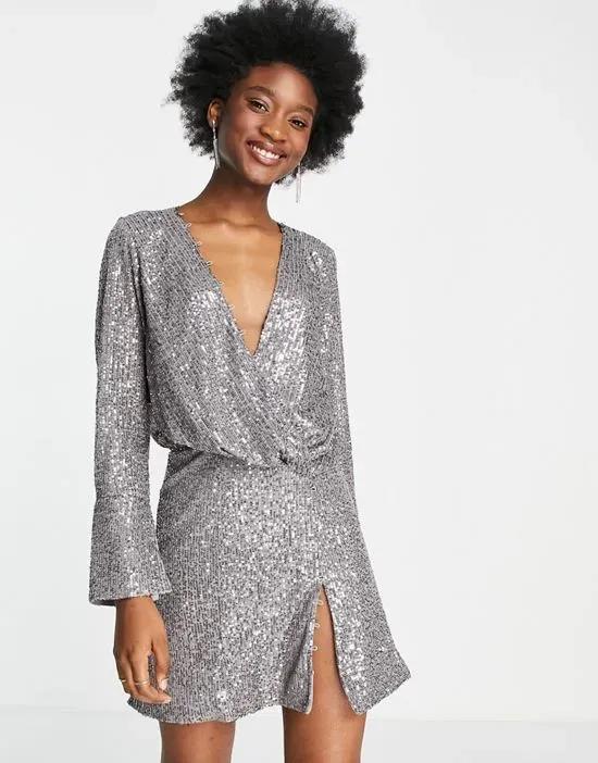 embellished drape detail mini dress with button detail in silver