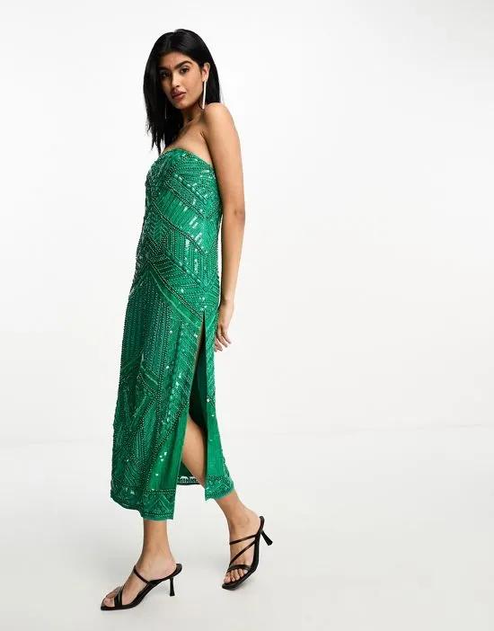 embellished ergonomic bandeau midi dress in green