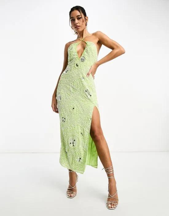 embellished halter midi dress with white beading detail in lime green