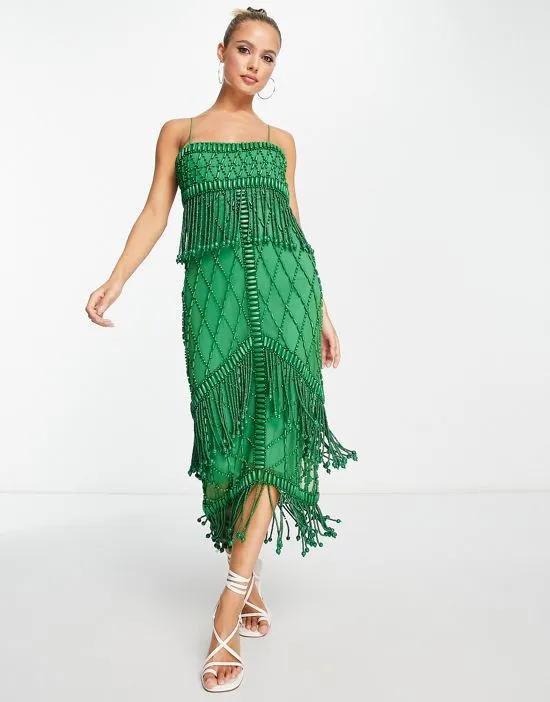 embellished midi dress with fringe detail and wooden beads in green