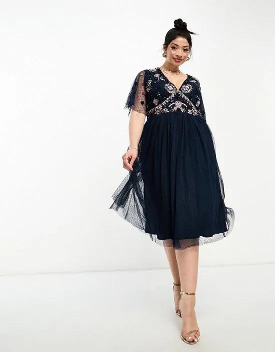 embellished midi dress with tulle skirt in navy
