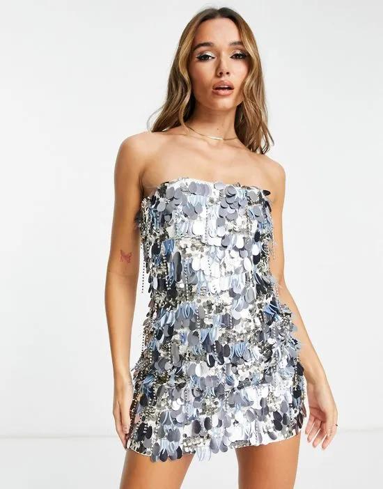 embellished mini bandeau dress with diamante and disc sequin detail in silver