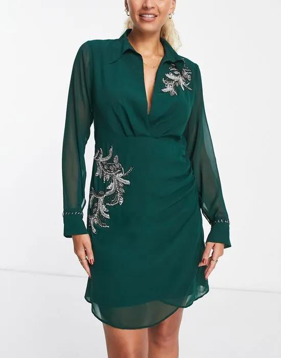 embellished mini shirt dress in emerald