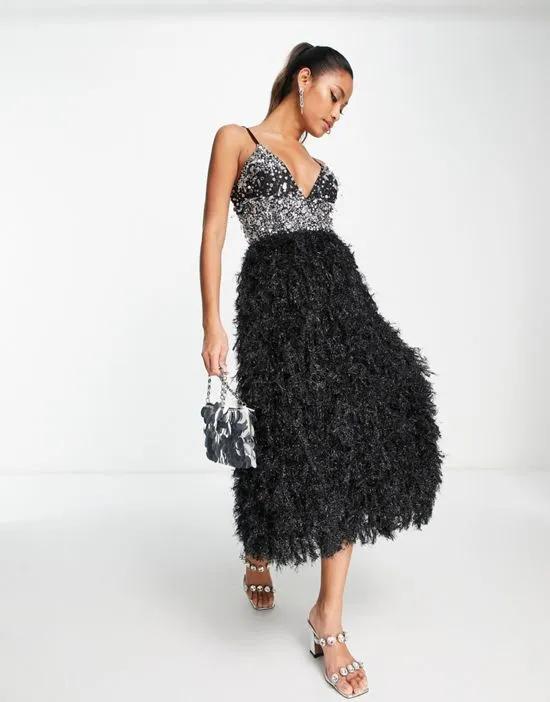 embellished sequin plunge neck faux feather midi dress in black