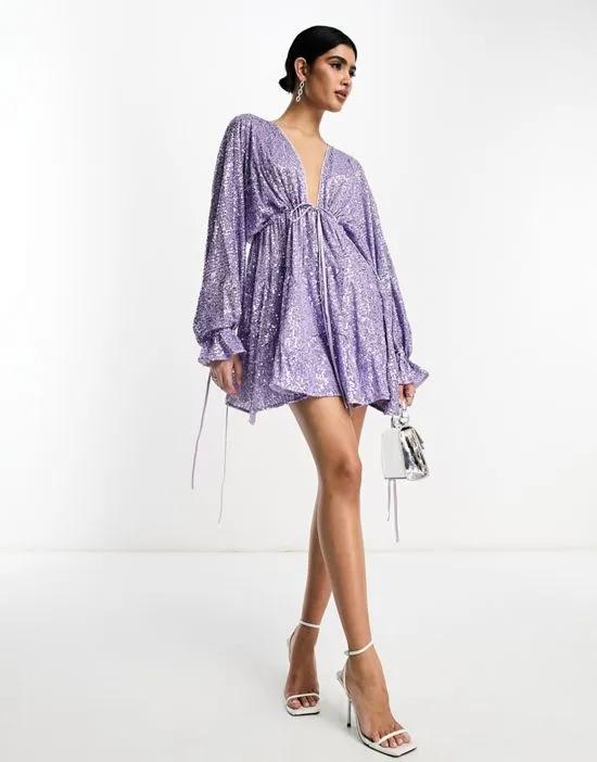 embellished tiered mini dress with tie detail in lilac sequin