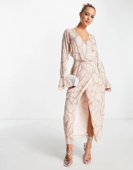 embellished wrap midi dress with scallop design in blush
