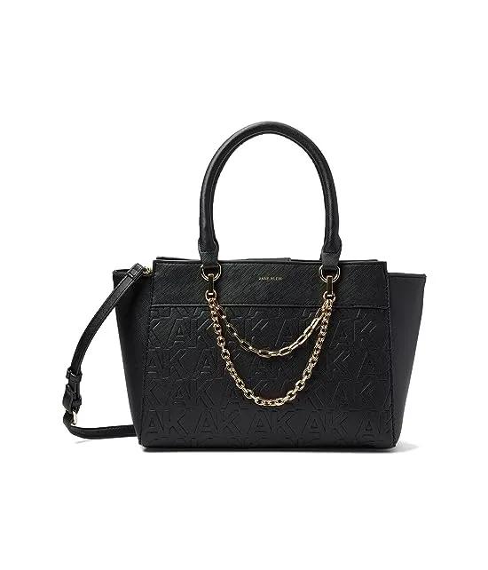 Embossed Logo East/West Satchel with Chain Swag