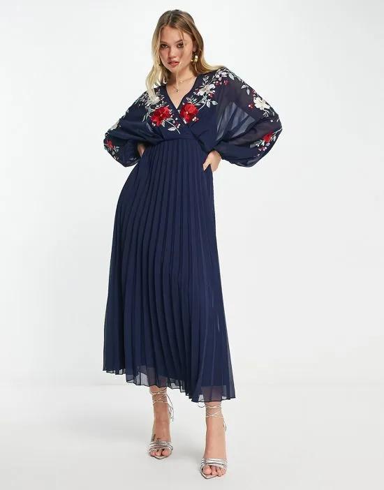 embroidered blouson open back pleated midi dress in navy