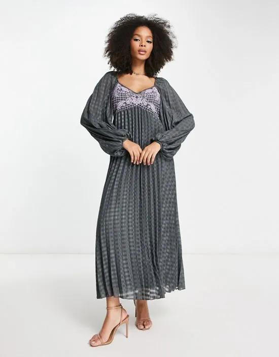 embroidered bust pleated midi dress with long sleeve in dark gray