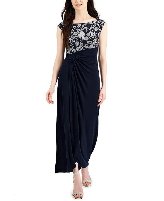 Embroidered Cap-Sleeve Gown