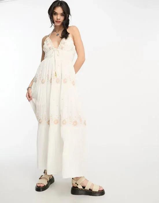 embroidered cotton gauze boho maxi dress in ivory