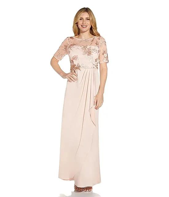 Embroidered Crepe and Satin Long Gown
