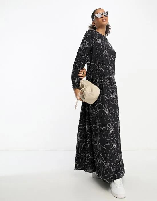 embroidered drop waist smock maxi dress in monochrome floral
