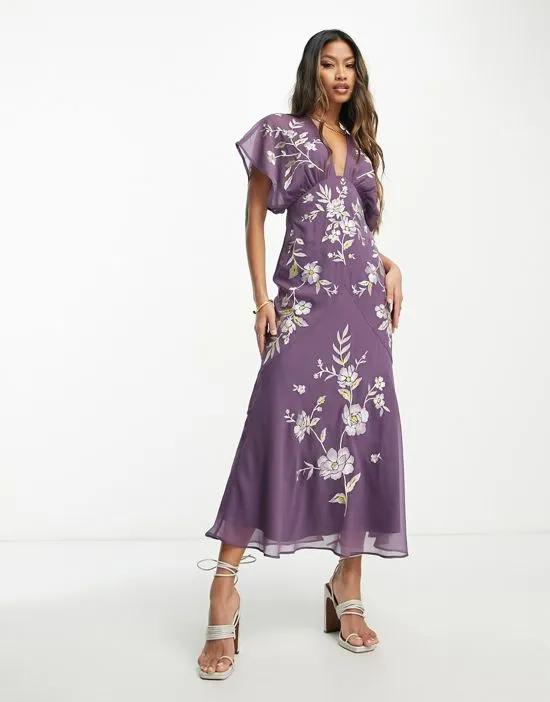 embroidered floral midi dress with batwing sleeve in purple