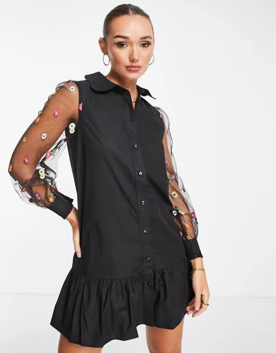 embroidered floral mini dress in black