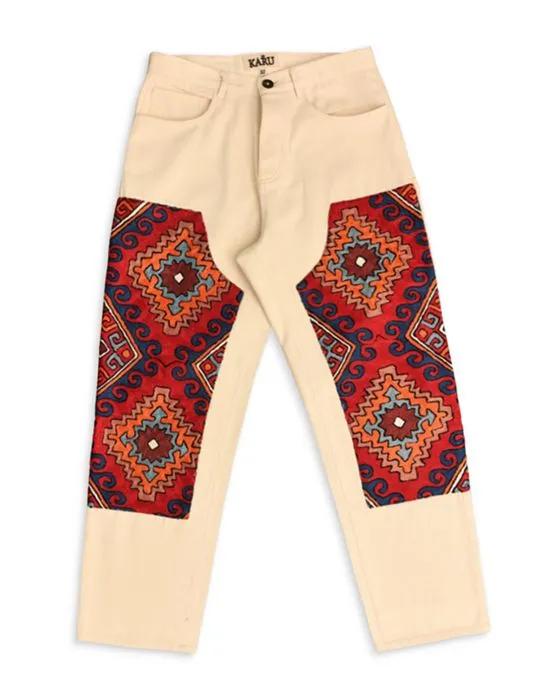 Embroidered Knee Straight Leg Jeans in Ecru Red Black