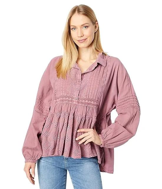 Embroidered Long Sleeve Button-Down Top