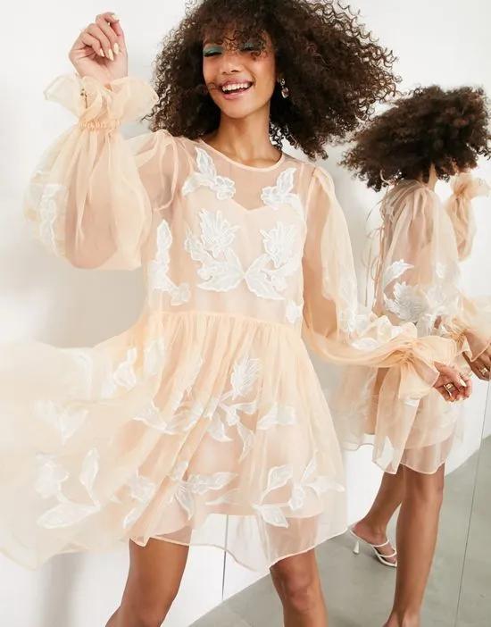embroidered organza mini smock dress in pink