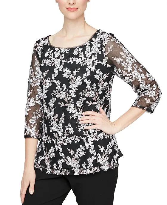 Embroidered Sequin 3/4-Sleeve Top